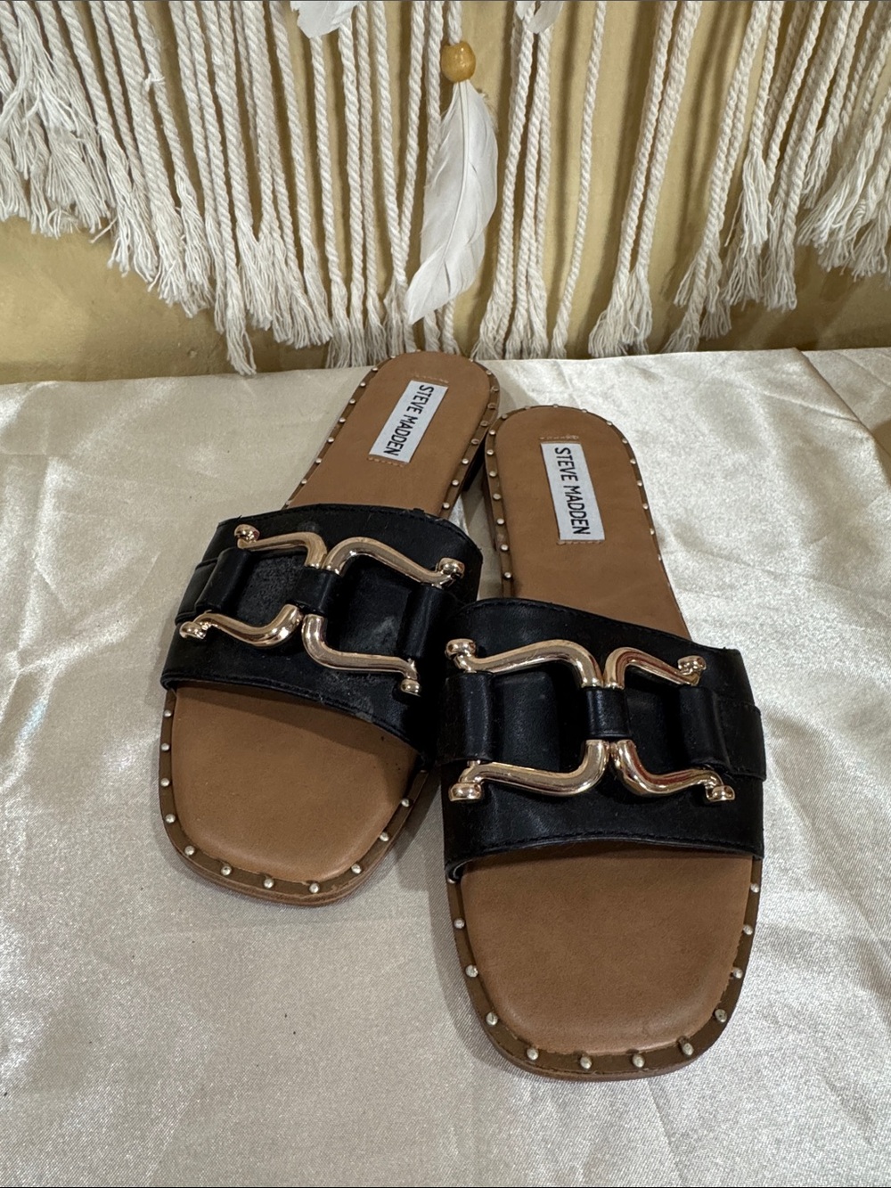 Steve Madden Black Slide Sandals with Gold Buckle Detail